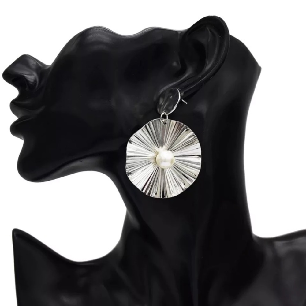 Circle Silver Tone Pearl Earrings - Picture 2 of 5